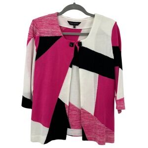 Ming Wang Women's Geometric Print Cardigan Sweater M Pink Black White Open Front